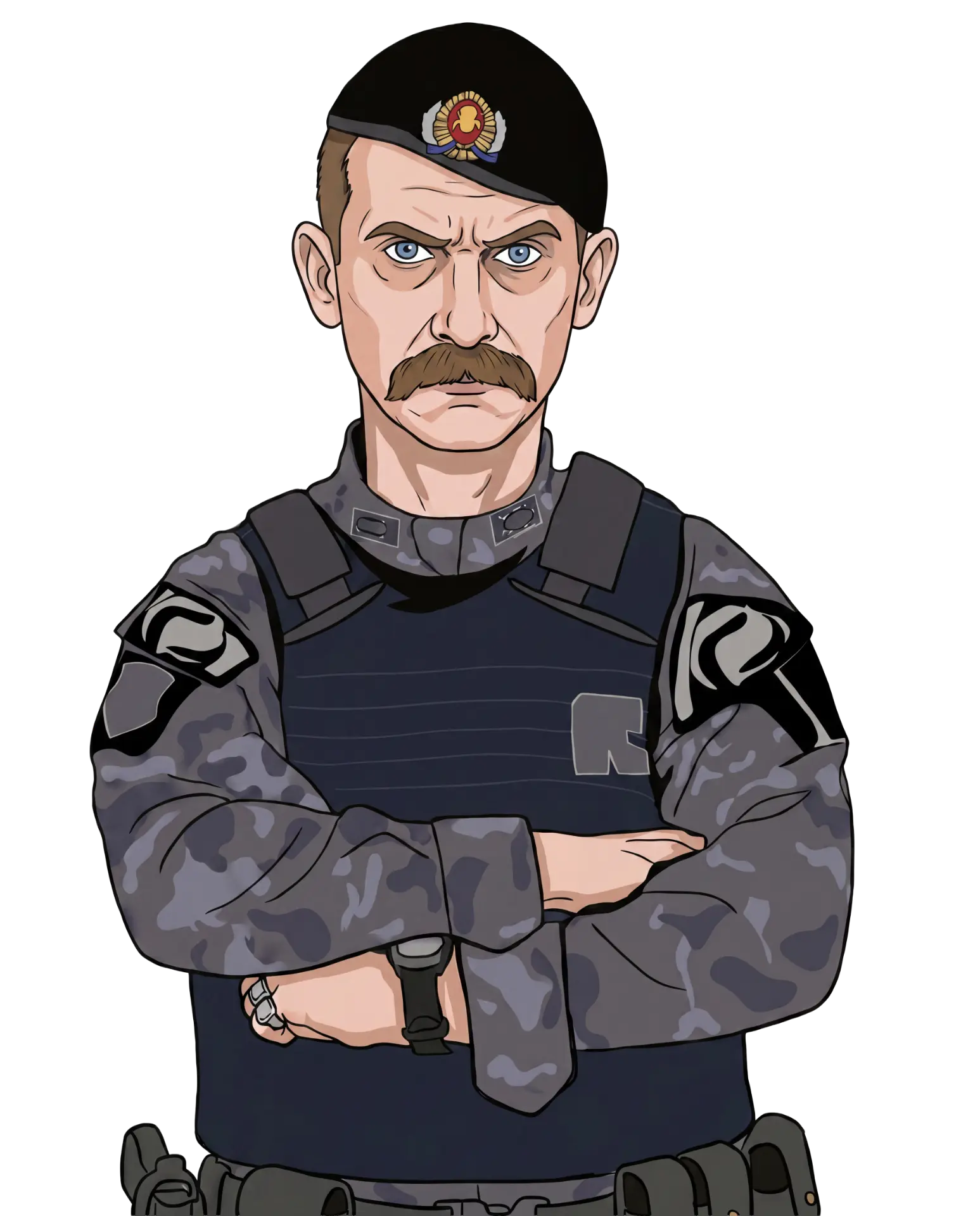 Ilustração do Sargento Nantes fardado, de braços cruzados
